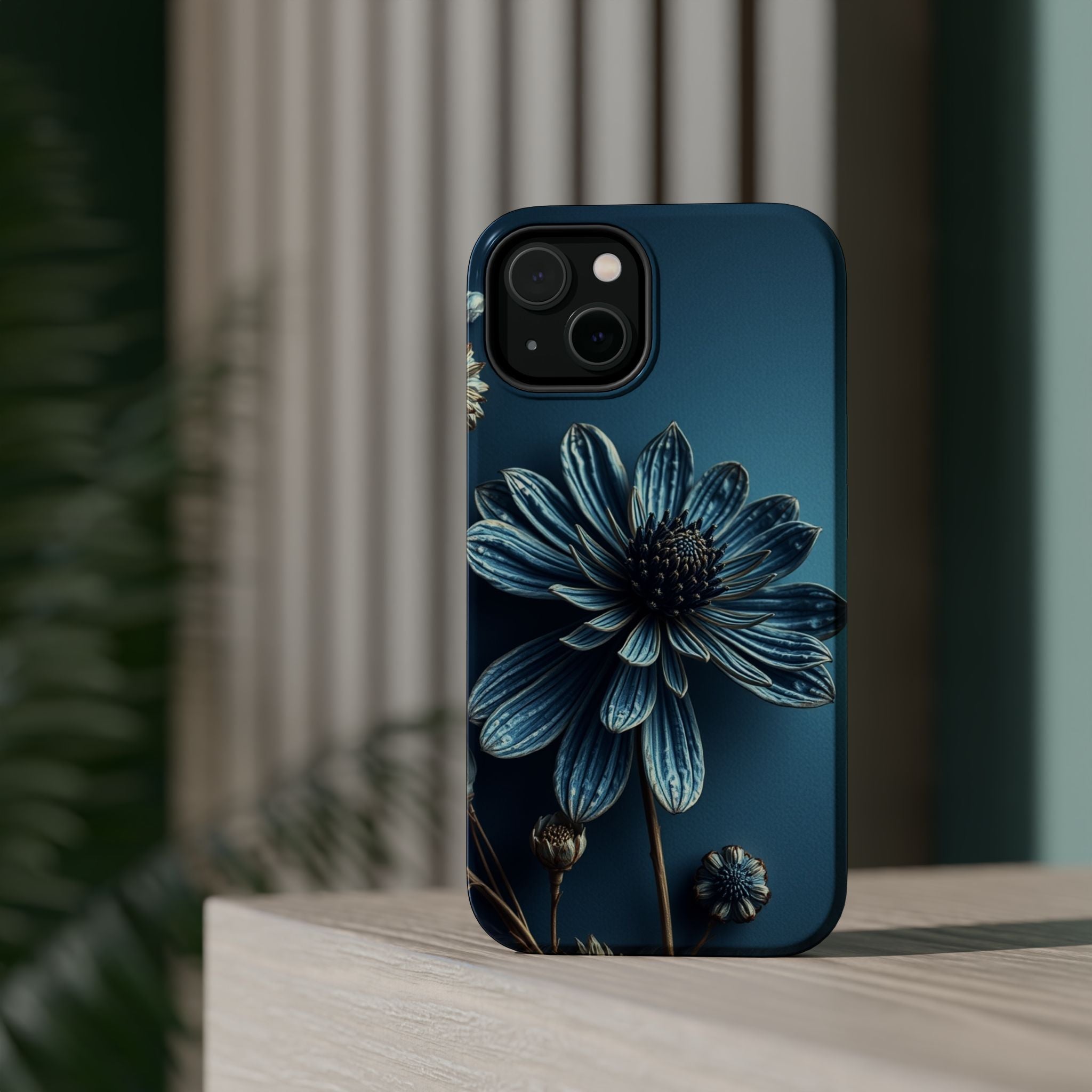 iPhone Midnight Blue And Silver Dried Flower Flat Lay iPhone 15 · iPhone Case